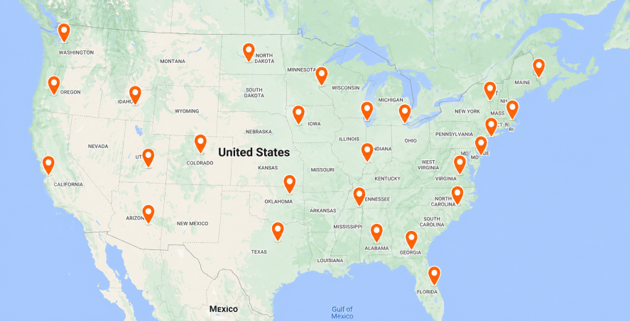 Map of the United States showing location pins for garage floor coating service areas