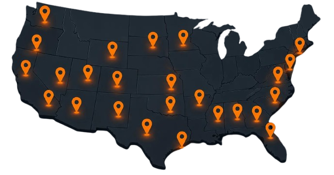 US map showing coverage area for garage floor installation contractors