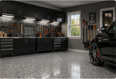 Organized home workshop garage with custom cabinetry, tools, and reflective flake floor finish