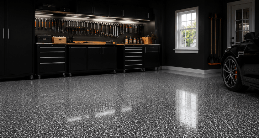 Dark garage interior with clean epoxy floor coating