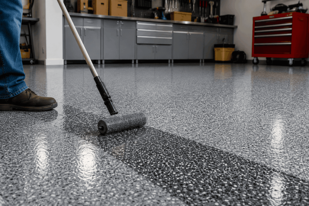 Professional installer applying clear topcoat over flake garage floor with a roller