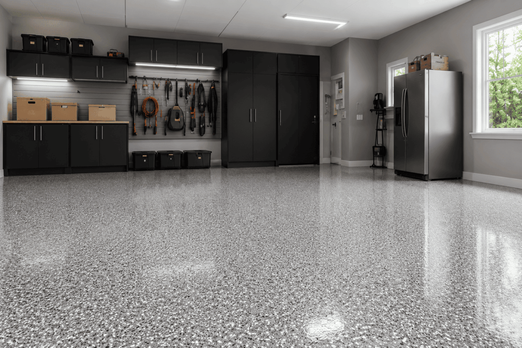 Clean modern garage with glossy grey flake floor coating and storage cabinets