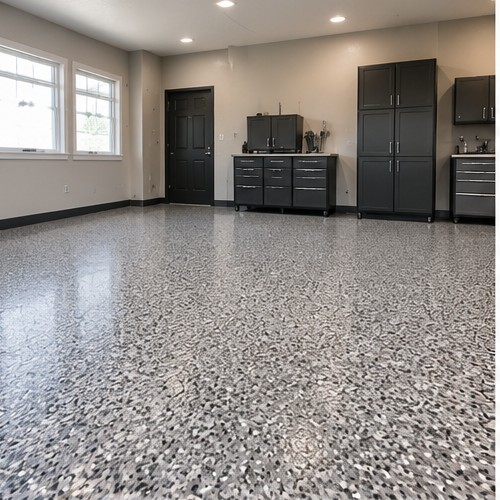 Newly coated grey garage floor with built-in storage cabinets