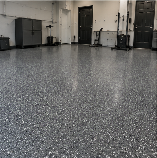 Residential workshop garage floor finished with dark flake coating